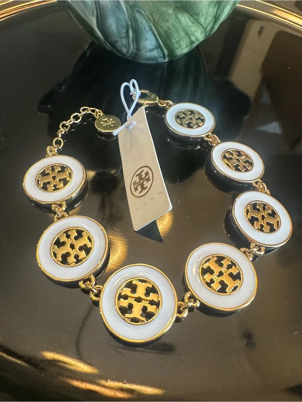 NWT Tory Burch Enamel Hollow Round Logo Link Bracelet Gold & White